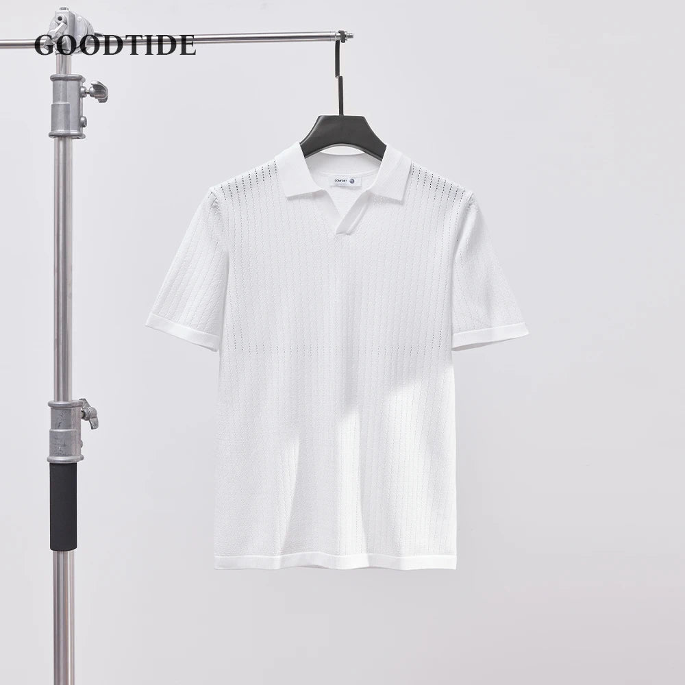 Men's Knitted Polo Shirt Solid Color Lapel T-shirt Fashion Brand Trend Loose Casual Short Sleeve T-shirt Top Men's Polo Shirt