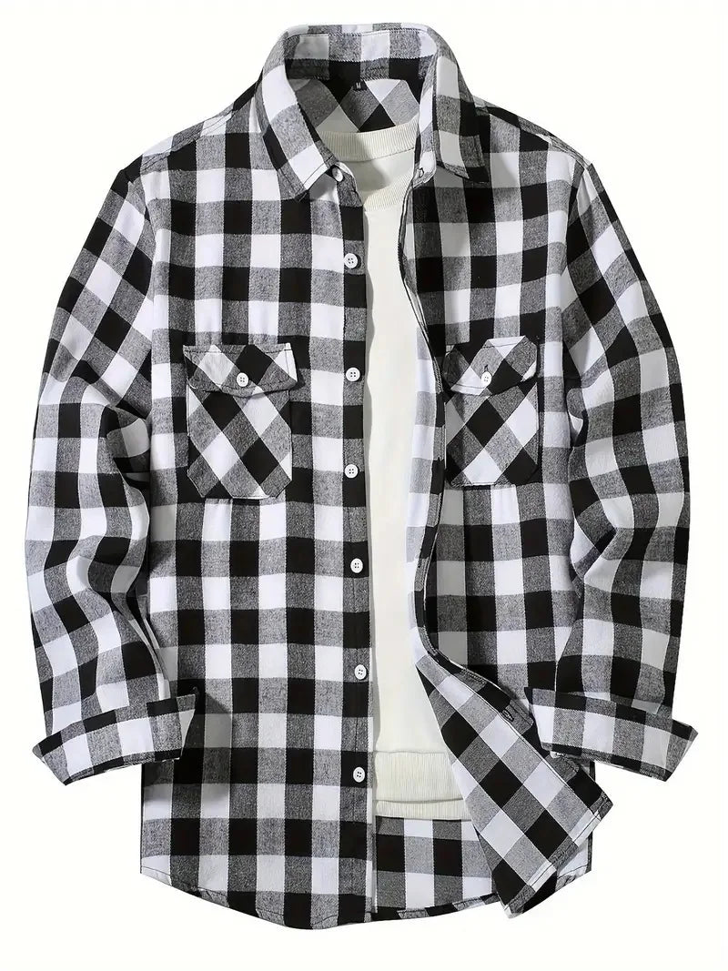 Spring Autumn Flannel Men's Shirts Long Sleeve Classic Plaid Casual Shirt Button-Up 2-Pocket Colthing Thin Jacket Shirt for Man