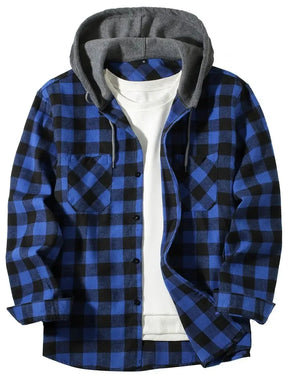2025 New Flannel Hooded Men's Shirts Long Sleeve Classic Plaid Casual Shirt Button-Up 2-Pocket Colthing Thin Coat Shirt for Man