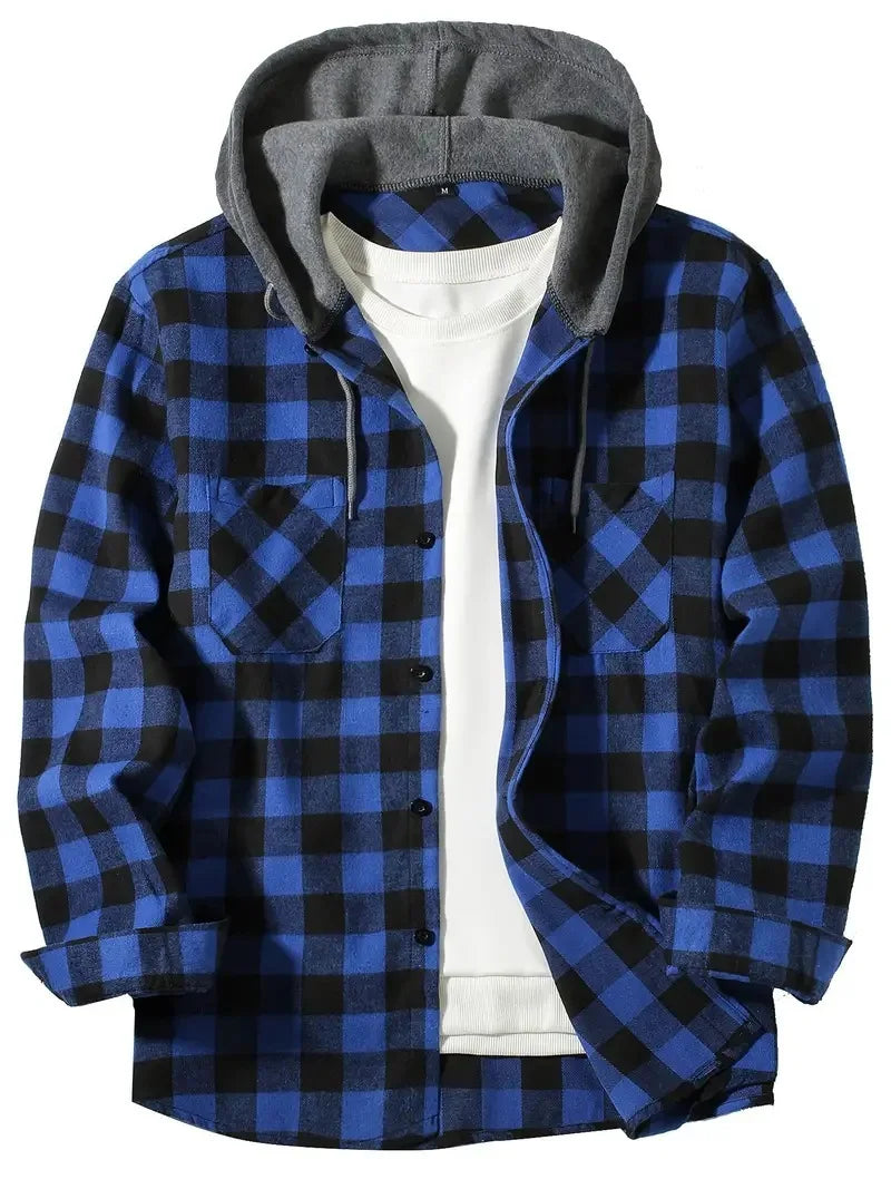 2025 New Flannel Hooded Men's Shirts Long Sleeve Classic Plaid Casual Shirt Button-Up 2-Pocket Colthing Thin Coat Shirt for Man