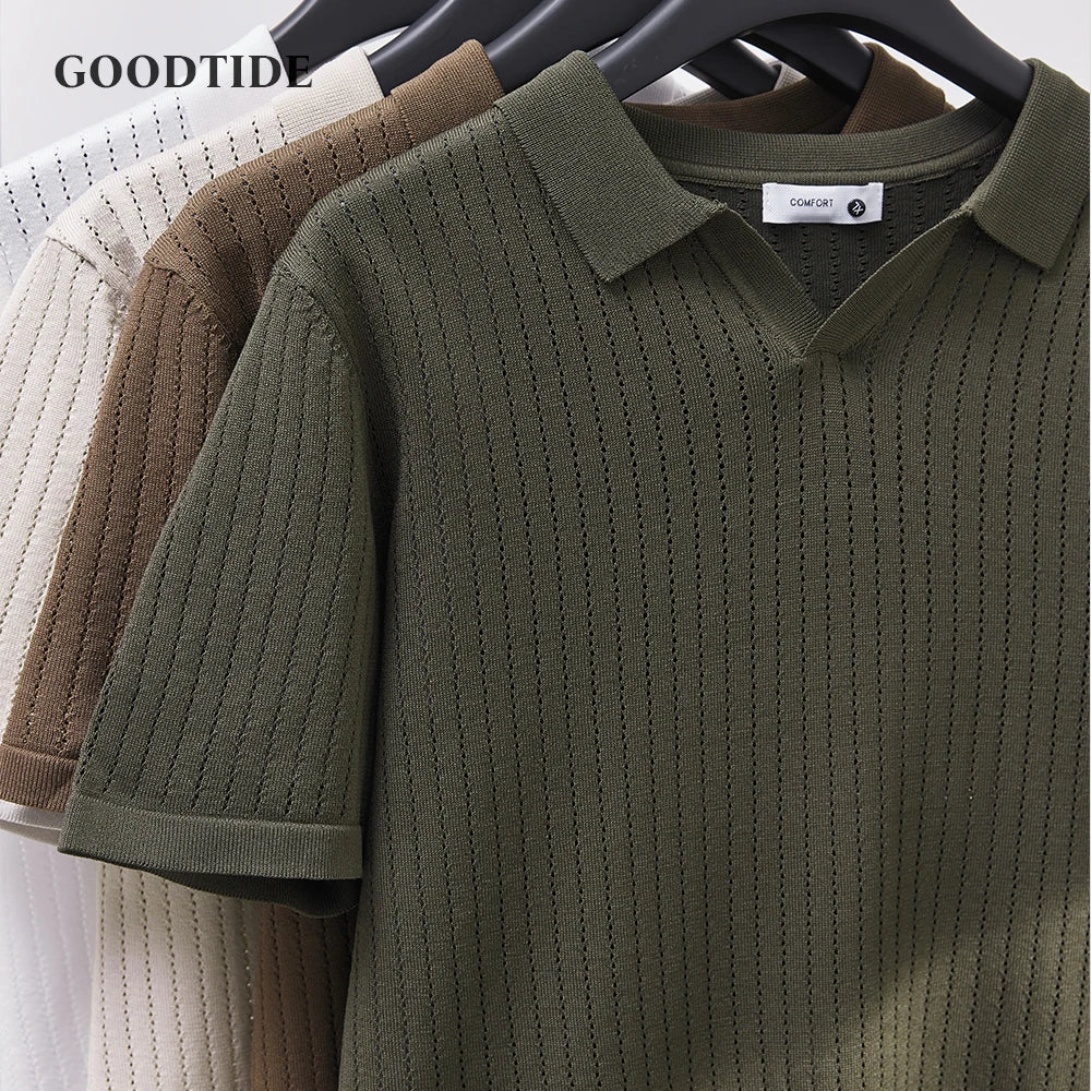 Men's Knitted Polo Shirt Solid Color Lapel T-shirt Fashion Brand Trend Loose Casual Short Sleeve T-shirt Top Men's Polo Shirt