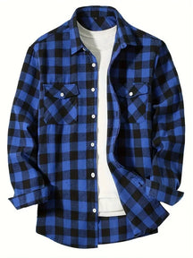 Spring Autumn Flannel Men's Shirts Long Sleeve Classic Plaid Casual Shirt Button-Up 2-Pocket Colthing Thin Jacket Shirt for Man