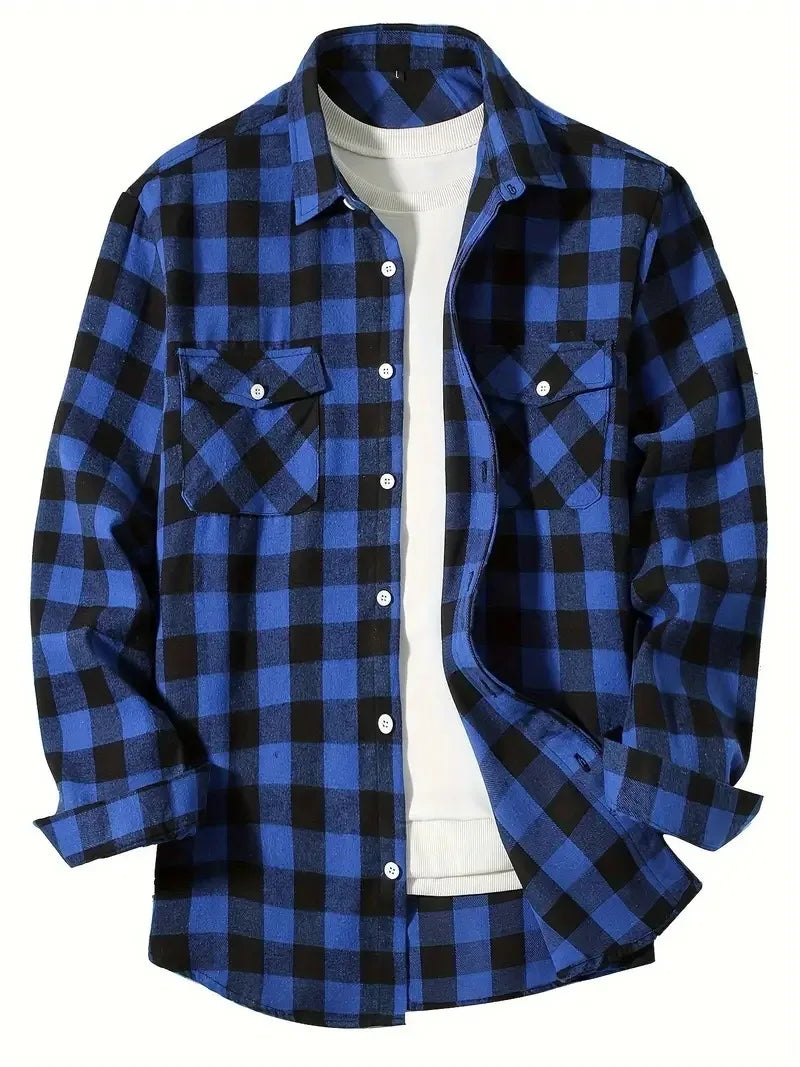 Spring Autumn Flannel Men's Shirts Long Sleeve Classic Plaid Casual Shirt Button-Up 2-Pocket Colthing Thin Jacket Shirt for Man