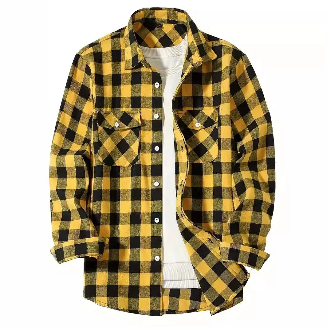 Spring Autumn Flannel Men's Shirts Long Sleeve Classic Plaid Casual Shirt Button-Up 2-Pocket Colthing Thin Jacket Shirt for Man