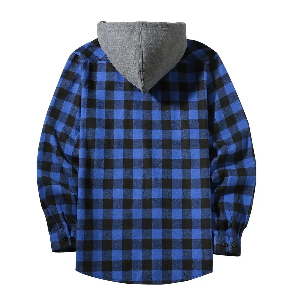 2025 New Flannel Hooded Men's Shirts Long Sleeve Classic Plaid Casual Shirt Button-Up 2-Pocket Colthing Thin Coat Shirt for Man