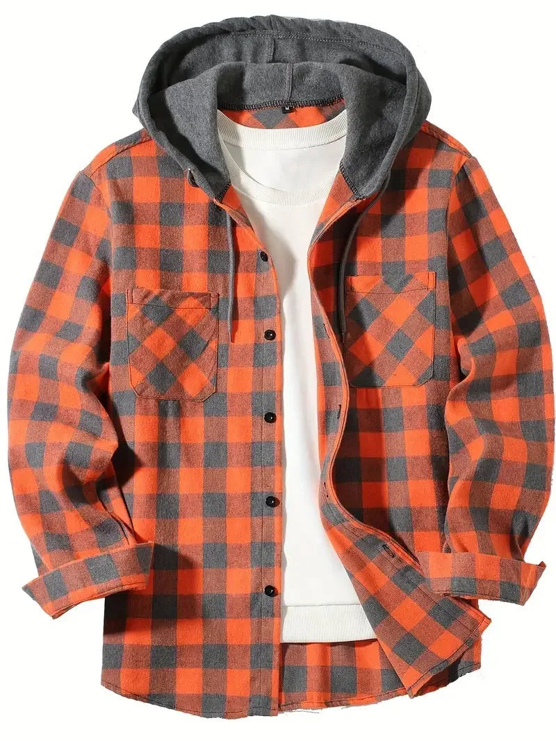 2025 New Flannel Hooded Men's Shirts Long Sleeve Classic Plaid Casual Shirt Button-Up 2-Pocket Colthing Thin Coat Shirt for Man