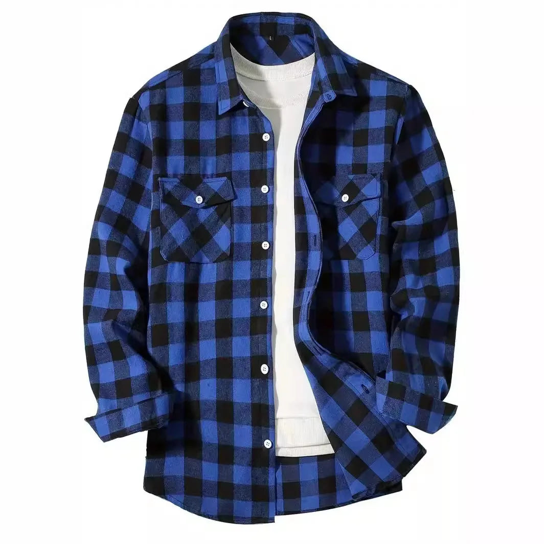 Spring Autumn Flannel Men's Shirts Long Sleeve Classic Plaid Casual Shirt Button-Up 2-Pocket Colthing Thin Jacket Shirt for Man