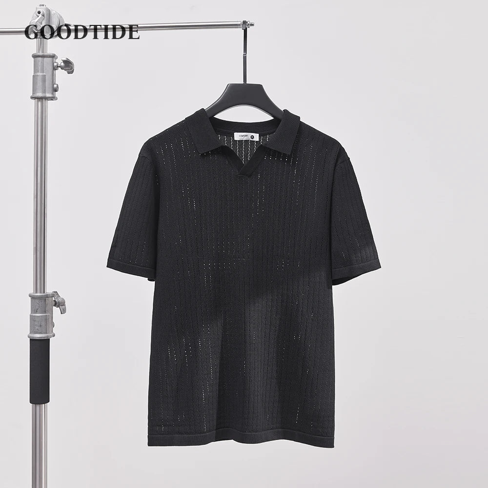 Men's Knitted Polo Shirt Solid Color Lapel T-shirt Fashion Brand Trend Loose Casual Short Sleeve T-shirt Top Men's Polo Shirt