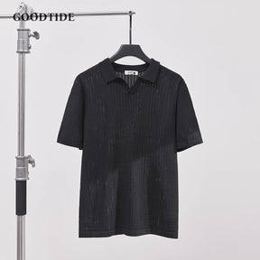 Men's Knitted Polo Shirt Solid Color Lapel T-shirt Fashion Brand Trend Loose Casual Short Sleeve T-shirt Top Men's Polo Shirt