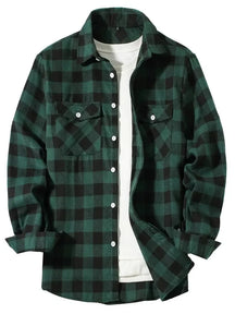 Spring Autumn Flannel Men's Shirts Long Sleeve Classic Plaid Casual Shirt Button-Up 2-Pocket Colthing Thin Jacket Shirt for Man