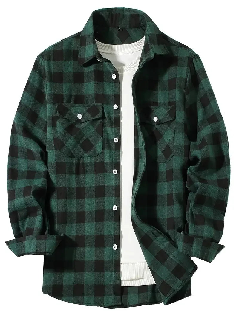 Spring Autumn Flannel Men's Shirts Long Sleeve Classic Plaid Casual Shirt Button-Up 2-Pocket Colthing Thin Jacket Shirt for Man