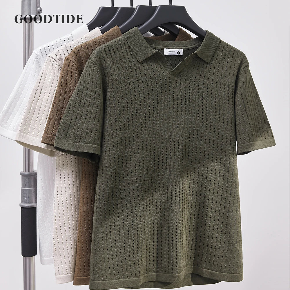 Men's Knitted Polo Shirt Solid Color Lapel T-shirt Fashion Brand Trend Loose Casual Short Sleeve T-shirt Top Men's Polo Shirt