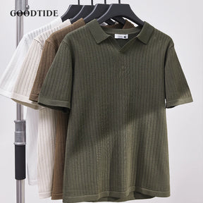 Men's Knitted Polo Shirt Solid Color Lapel T-shirt Fashion Brand Trend Loose Casual Short Sleeve T-shirt Top Men's Polo Shirt
