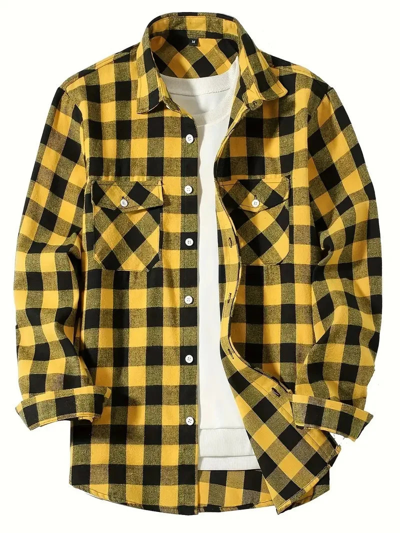 Spring Autumn Flannel Men's Shirts Long Sleeve Classic Plaid Casual Shirt Button-Up 2-Pocket Colthing Thin Jacket Shirt for Man