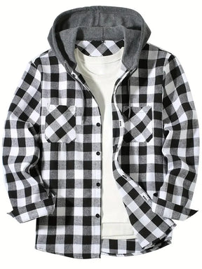 2025 New Flannel Hooded Men's Shirts Long Sleeve Classic Plaid Casual Shirt Button-Up 2-Pocket Colthing Thin Coat Shirt for Man