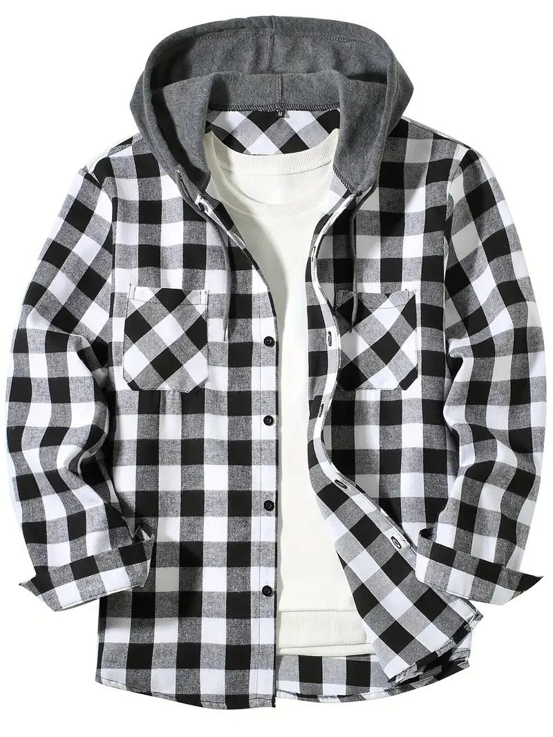 2025 New Flannel Hooded Men's Shirts Long Sleeve Classic Plaid Casual Shirt Button-Up 2-Pocket Colthing Thin Coat Shirt for Man