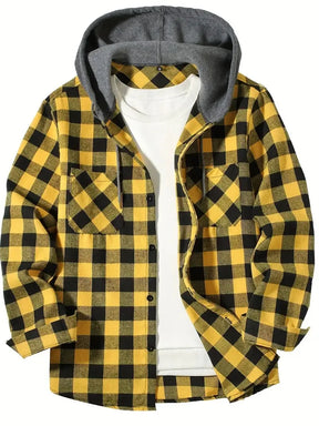 2025 New Flannel Hooded Men's Shirts Long Sleeve Classic Plaid Casual Shirt Button-Up 2-Pocket Colthing Thin Coat Shirt for Man