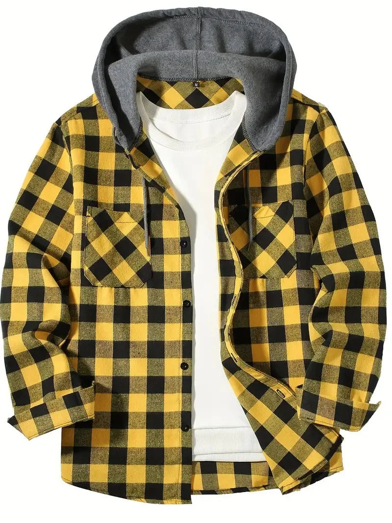 2025 New Flannel Hooded Men's Shirts Long Sleeve Classic Plaid Casual Shirt Button-Up 2-Pocket Colthing Thin Coat Shirt for Man