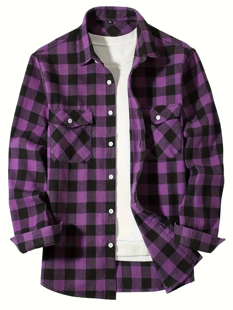 Spring Autumn Flannel Men's Shirts Long Sleeve Classic Plaid Casual Shirt Button-Up 2-Pocket Colthing Thin Jacket Shirt for Man