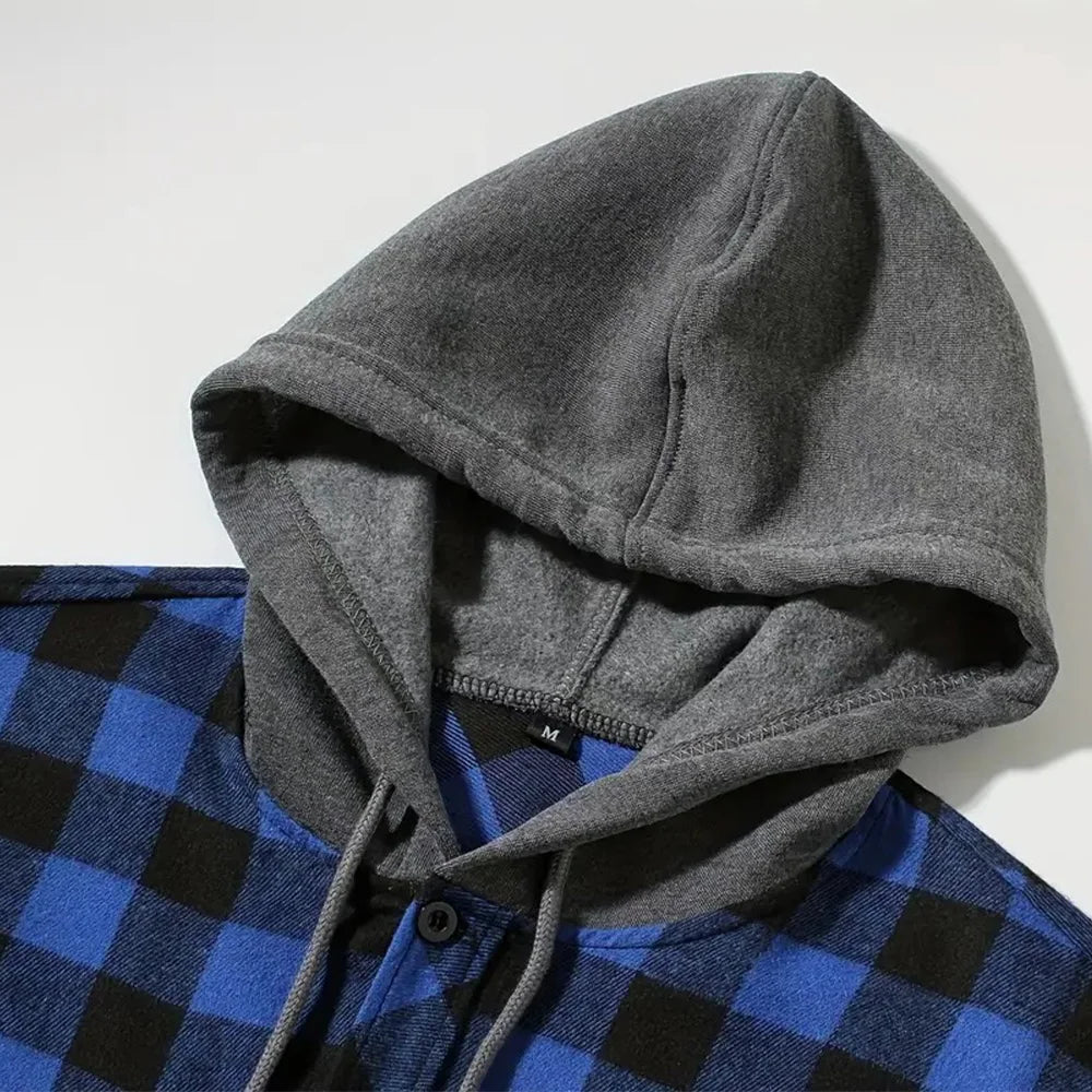 2025 New Flannel Hooded Men's Shirts Long Sleeve Classic Plaid Casual Shirt Button-Up 2-Pocket Colthing Thin Coat Shirt for Man