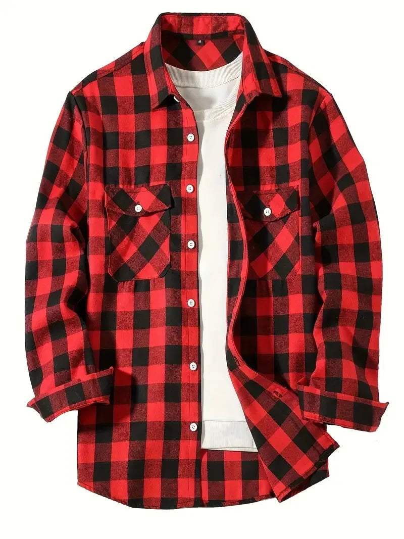 Spring Autumn Flannel Men's Shirts Long Sleeve Classic Plaid Casual Shirt Button-Up 2-Pocket Colthing Thin Jacket Shirt for Man