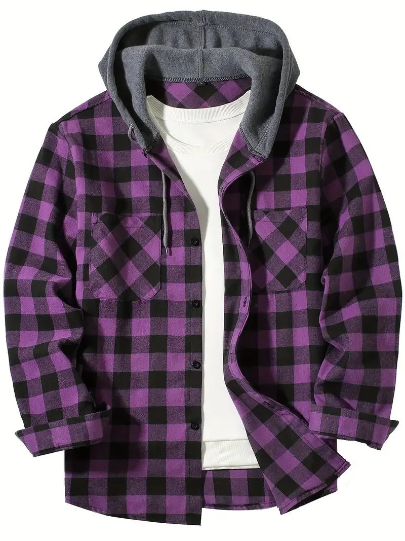 2025 New Flannel Hooded Men's Shirts Long Sleeve Classic Plaid Casual Shirt Button-Up 2-Pocket Colthing Thin Coat Shirt for Man