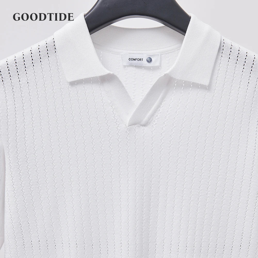 Men's Knitted Polo Shirt Solid Color Lapel T-shirt Fashion Brand Trend Loose Casual Short Sleeve T-shirt Top Men's Polo Shirt