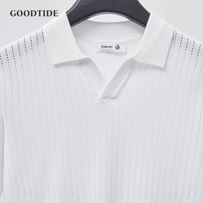 Men's Knitted Polo Shirt Solid Color Lapel T-shirt Fashion Brand Trend Loose Casual Short Sleeve T-shirt Top Men's Polo Shirt