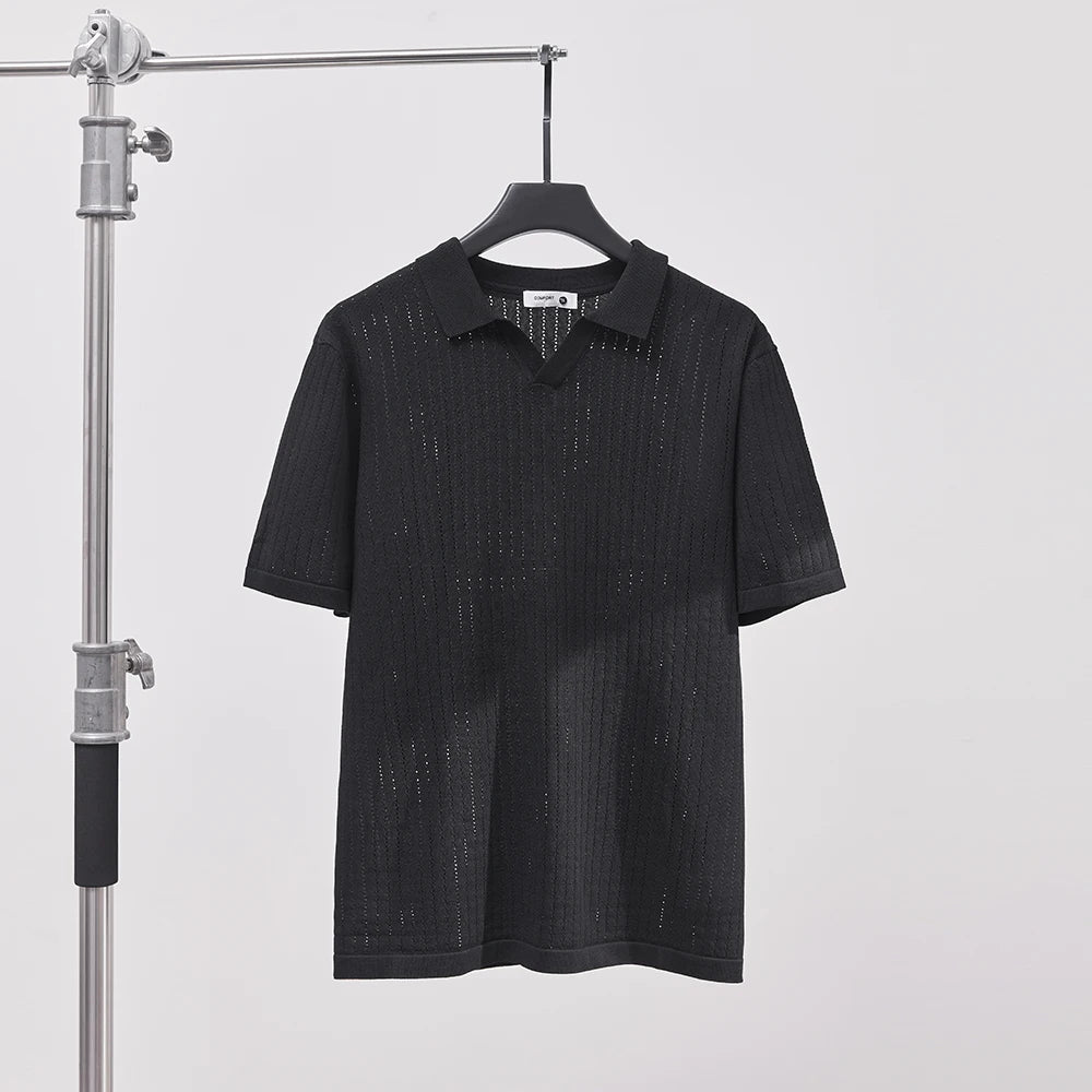 Men's Knitted Polo Shirt Solid Color Lapel T-shirt Fashion Brand Trend Loose Casual Short Sleeve T-shirt Top Men's Polo Shirt