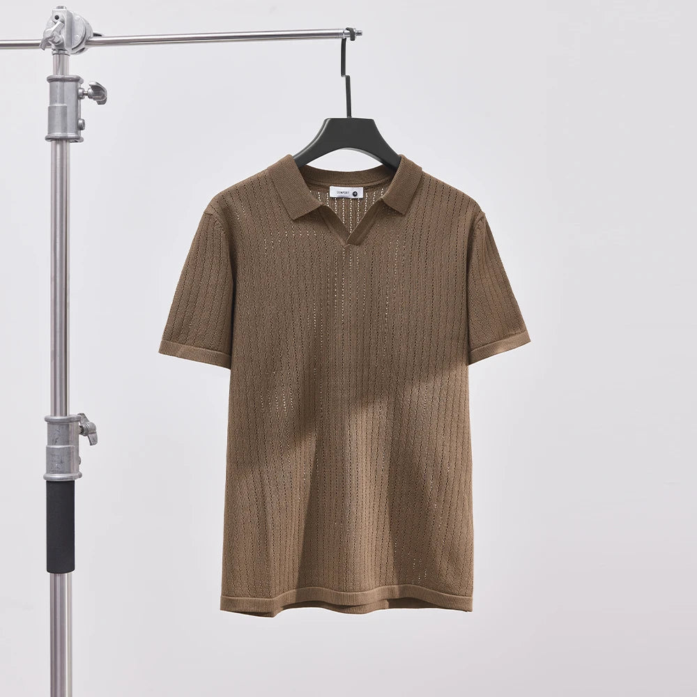 Men's Knitted Polo Shirt Solid Color Lapel T-shirt Fashion Brand Trend Loose Casual Short Sleeve T-shirt Top Men's Polo Shirt